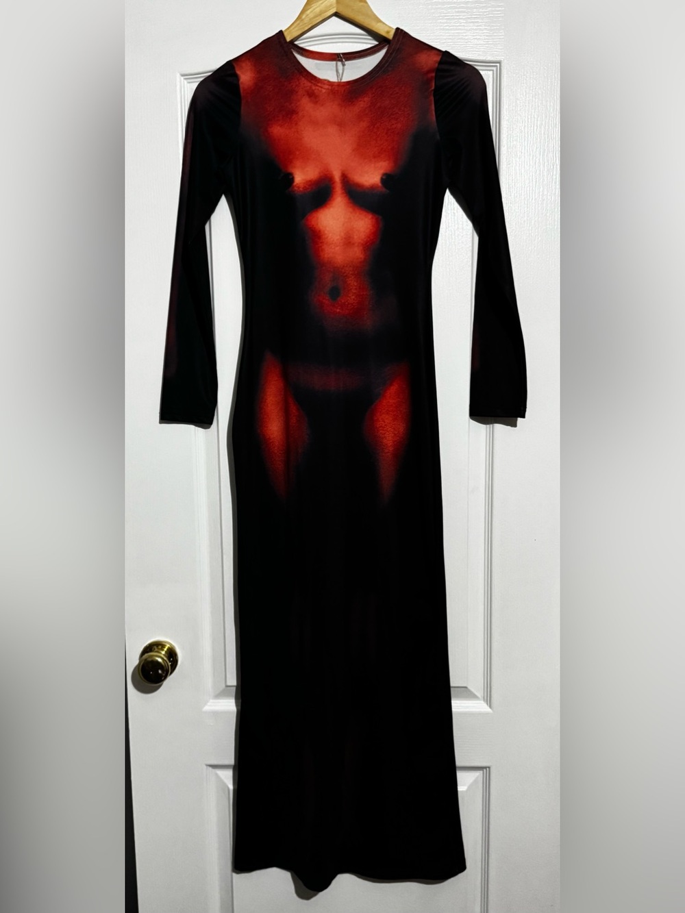 Naked Illusion Bodycon Long Sleeve Dress with Red Body Print Artsy Hipster Witch